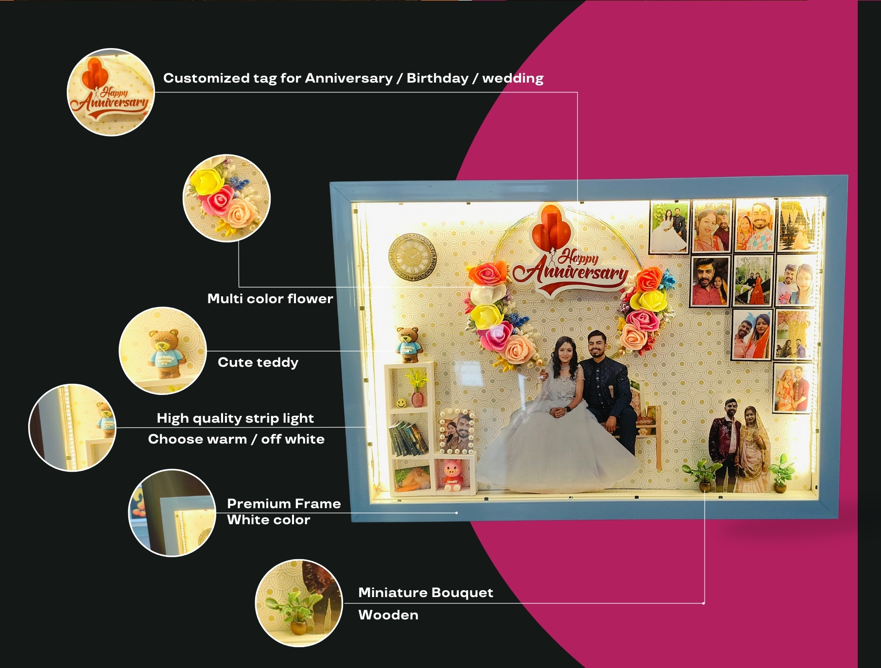 Customized 3D MiniWedding and Anniversary Photo Frame with LED Light – Personalized Couple and Family Gift in Handcrafted Synthetic Wooden Box (12x18) Inch