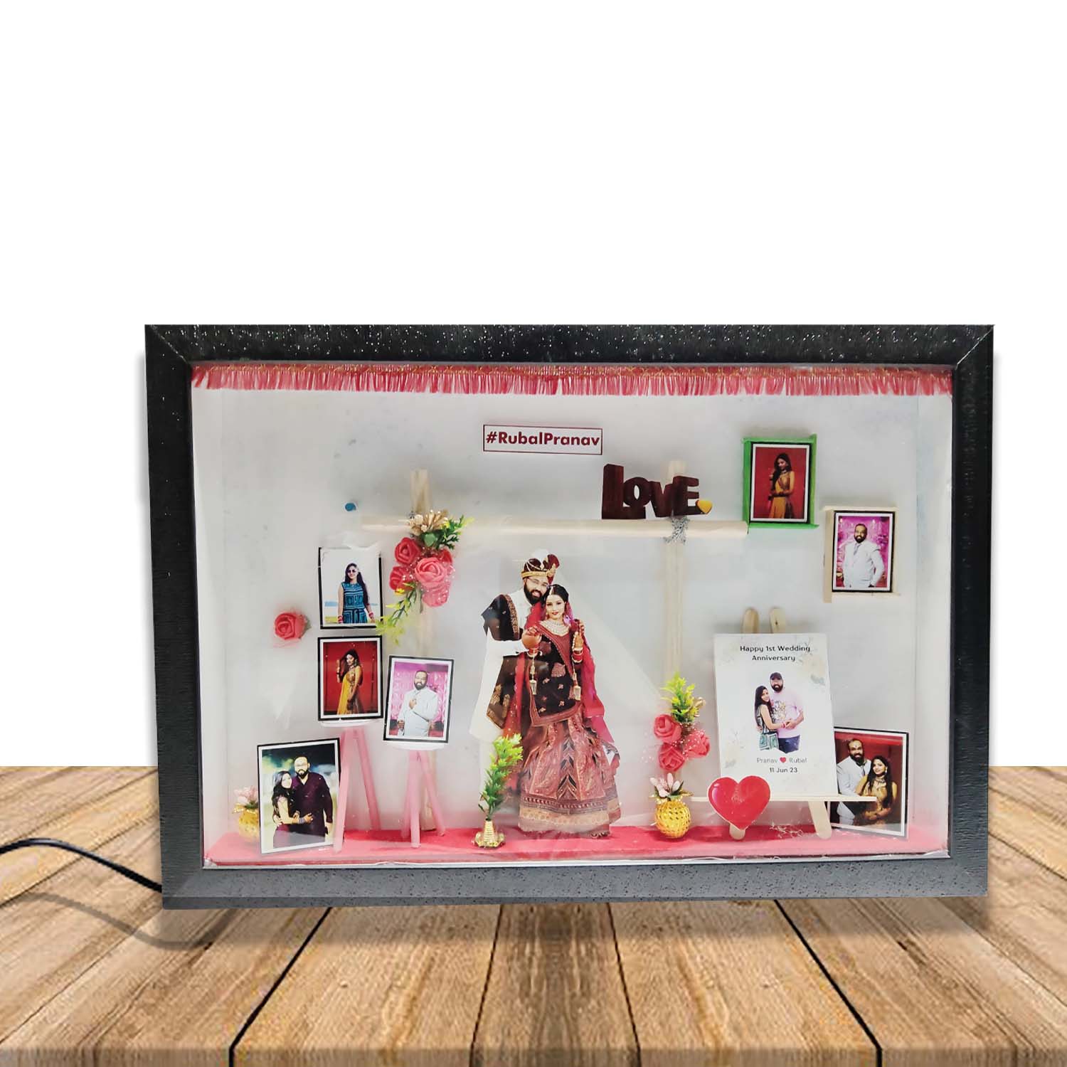 Customized 3D Miniature Wedding and Anniversary Photo Frame with LED Light – Personalized Couple and Family Gift in Handcrafted Synthetic Wooden Box (12x18 Inch)