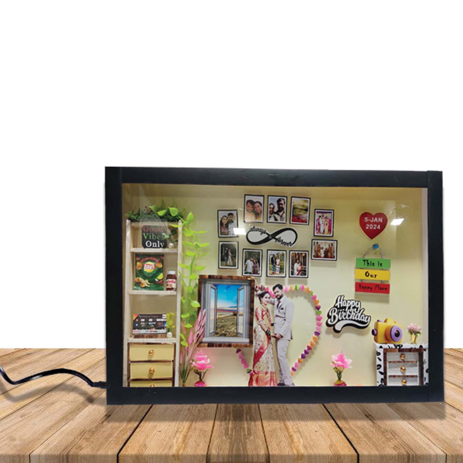 Customized 3D Miniature Wedding and Anniversary Photo Frame with LED Light – Personalized Couple and Family Gift in Handcrafted Synthetic Wooden Box (12x18Inch)