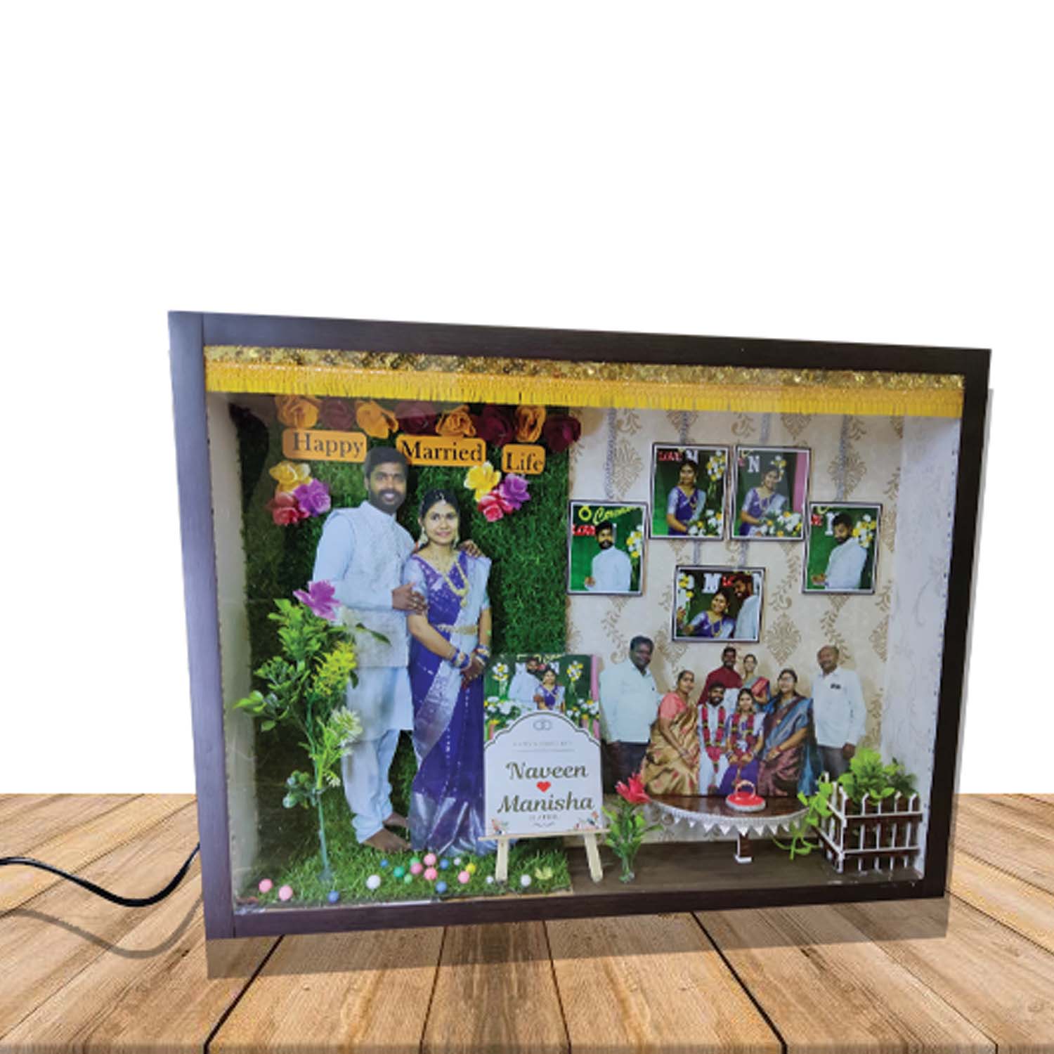 Customized 3D Miniature Wedding and Anniversary Photo Frame with LED Light – Personalized Couple and Family Gift in Handcrafted Synthetic Wooden Box (18Inch)