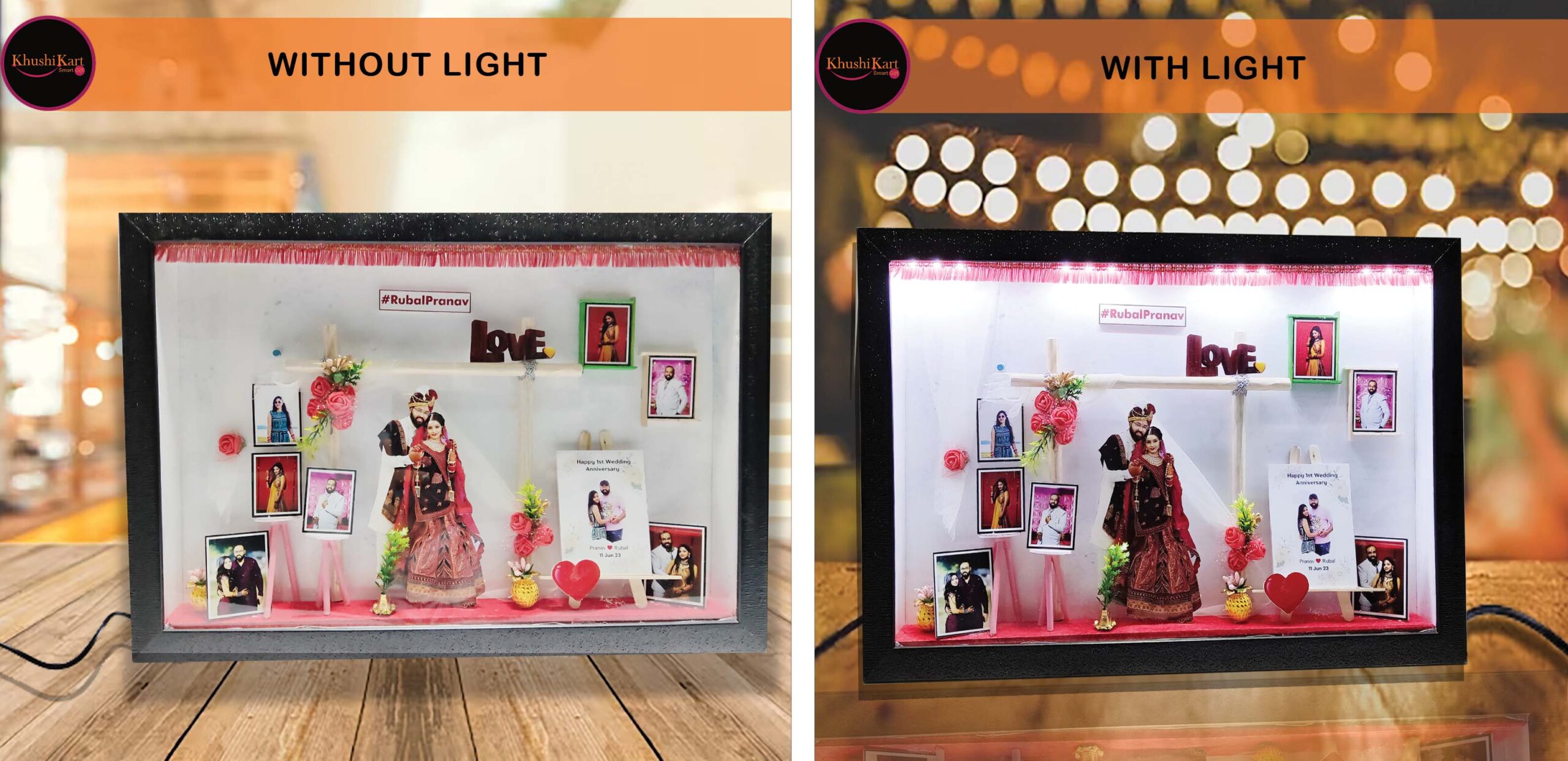 Customized 3D Miniature Wedding and Anniversary Photo Frame with LED Light – Personalized Couple and Family Gift in Handcrafted Synthetic Wooden Box (12x18Inch)
