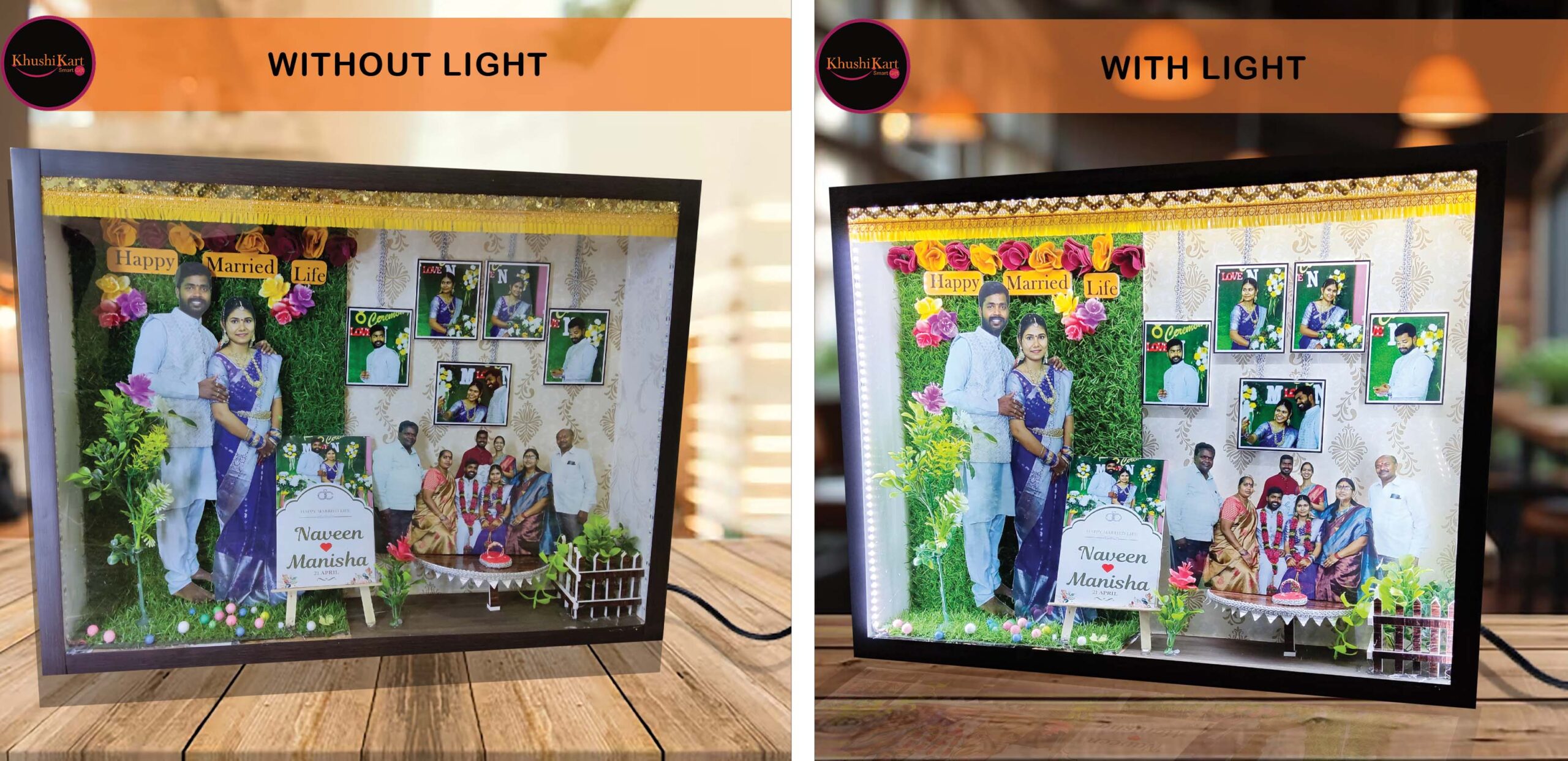 Customized 3D Miniature Wedding and Anniversary Photo Frame with LED Light – Personalized Couple and Family Gift in Handcrafted Synthetic Wooden Box (18Inch)