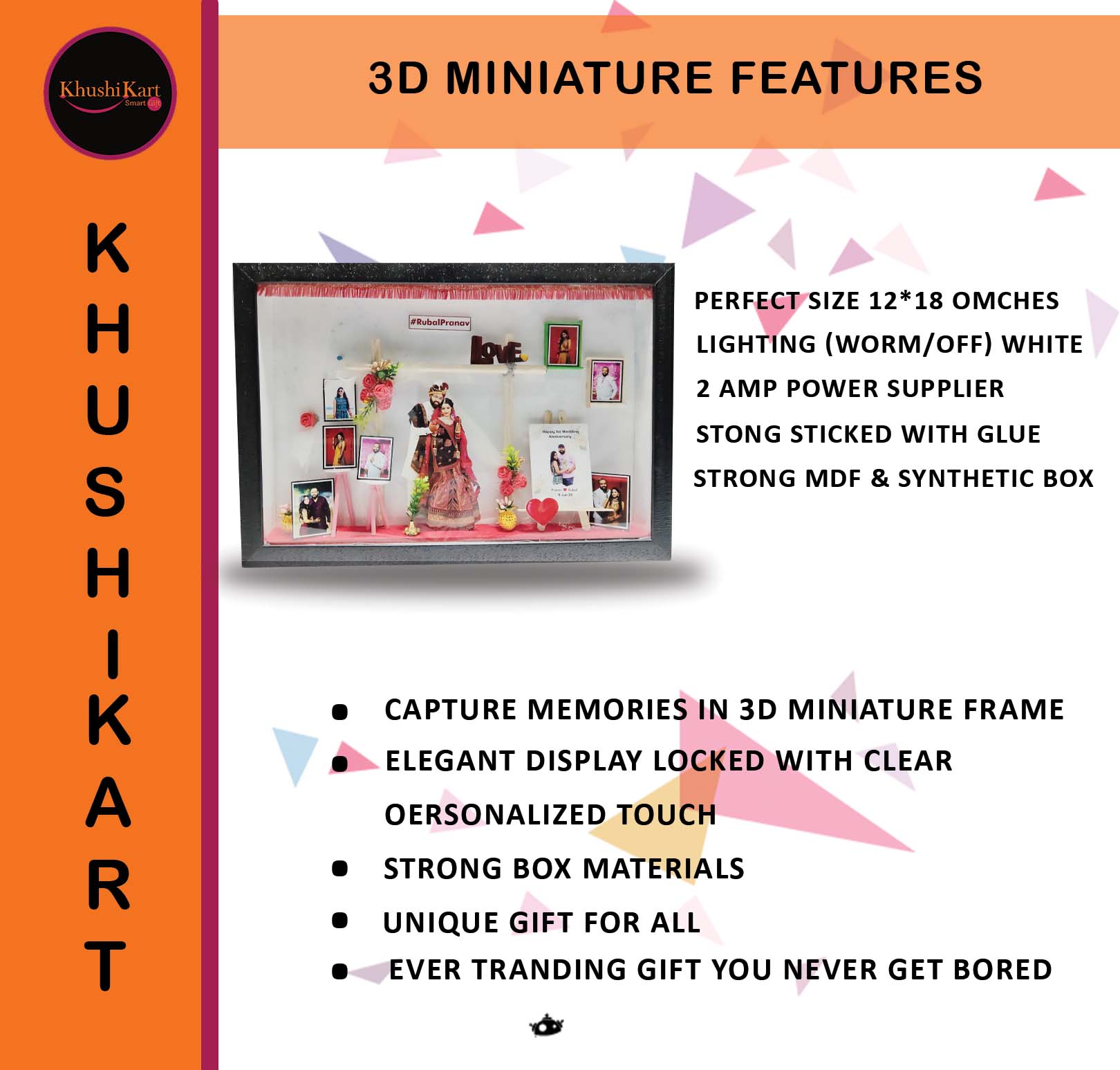 Customized 3D Miniature Wedding and Anniversary Photo Frame with LED Light – Personalized Couple and Family Gift in Handcrafted Synthetic Wooden Box (12x18Inch)