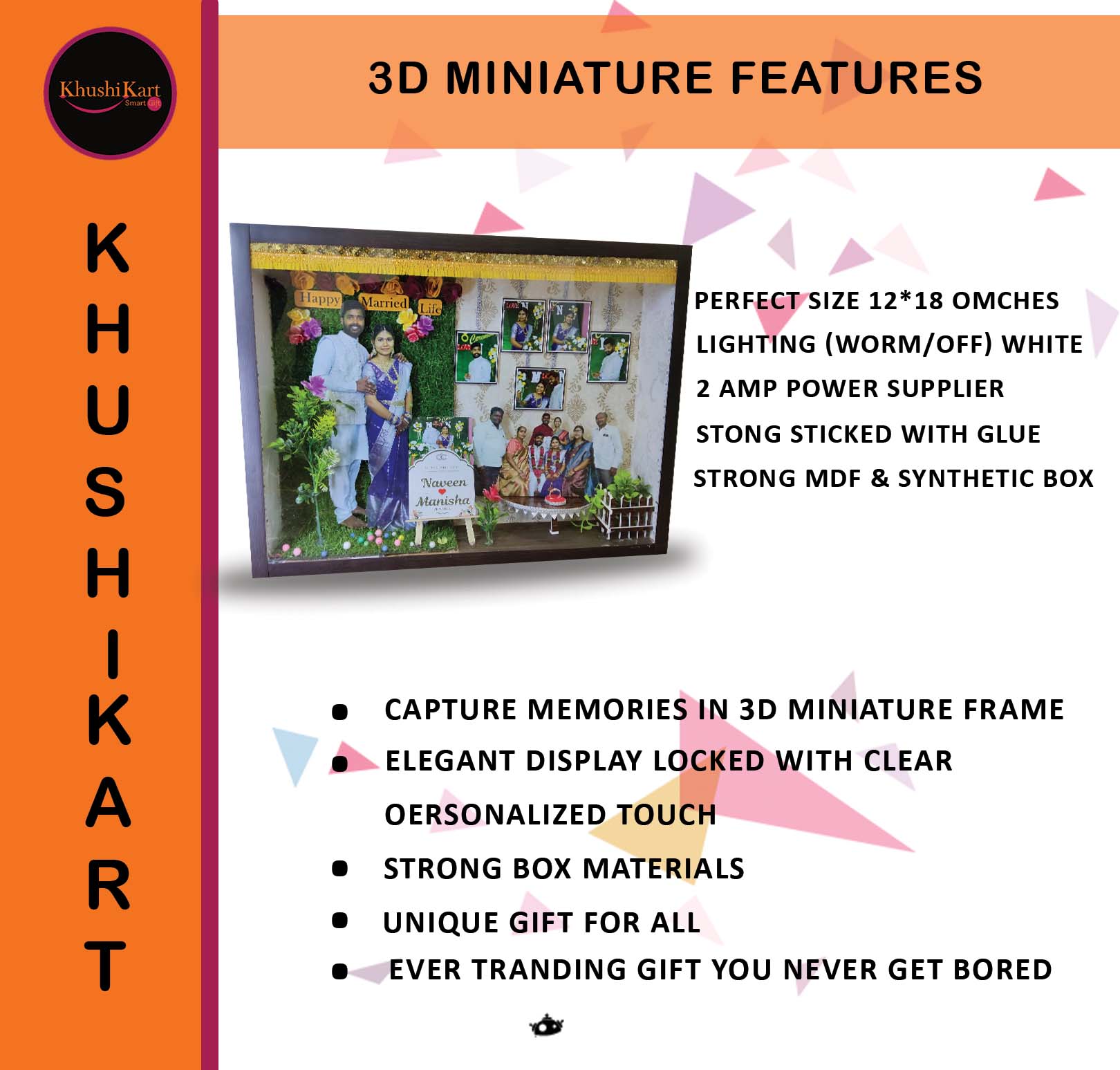 Customized 3D Miniature Wedding and Anniversary Photo Frame with LED Light – Personalized Couple and Family Gift in Handcrafted Synthetic Wooden Box (18Inch)