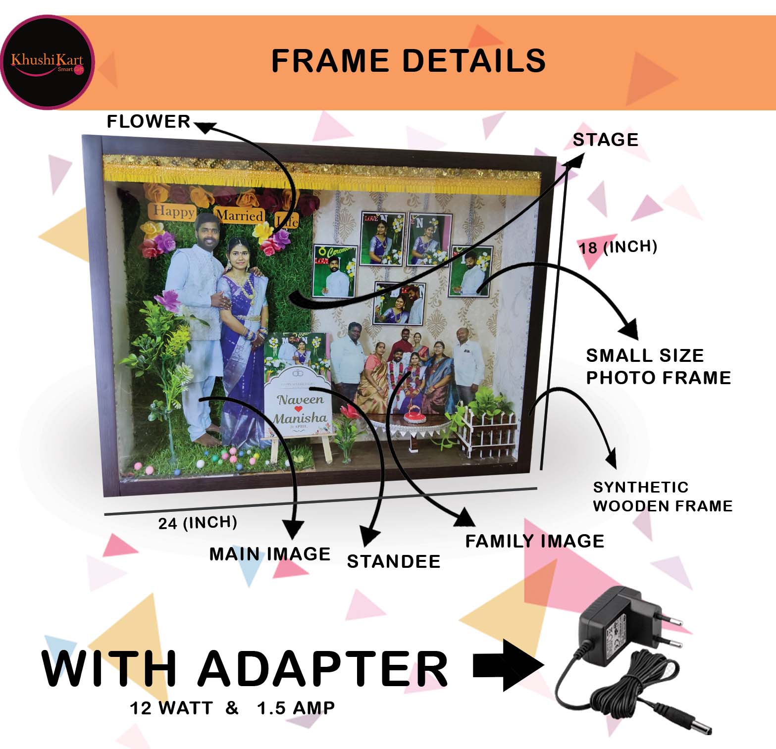 Customized 3D Miniature Wedding and Anniversary Photo Frame with LED Light – Personalized Couple and Family Gift in Handcrafted Synthetic Wooden Box (18Inch)