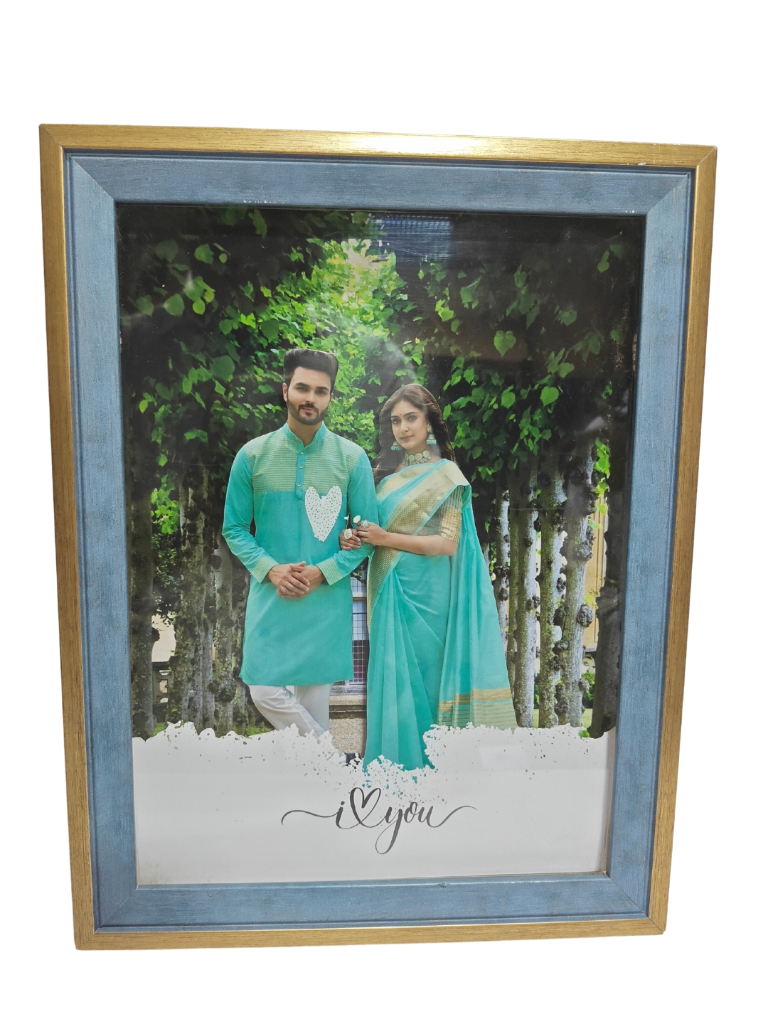 Customized 9x12 inch wooden photo frame with blue and golden border featuring a couple photo and 'I love you' text – perfect for romantic personalized gifts