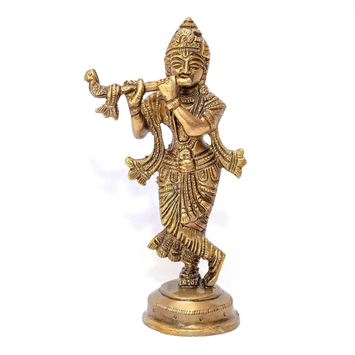 Antique Brass Lord Krishna Statue with Flute – 6.69 inch