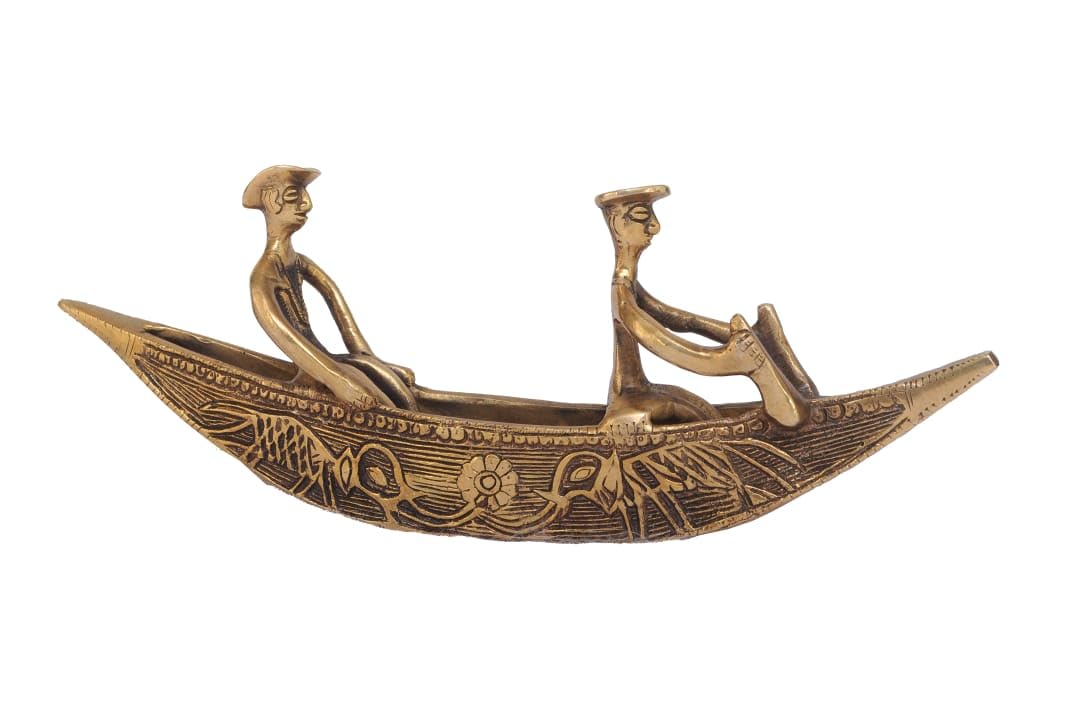 Antique Brass Dhokra Art | Two Men in Boat | Vintage Home Decor Showpiece