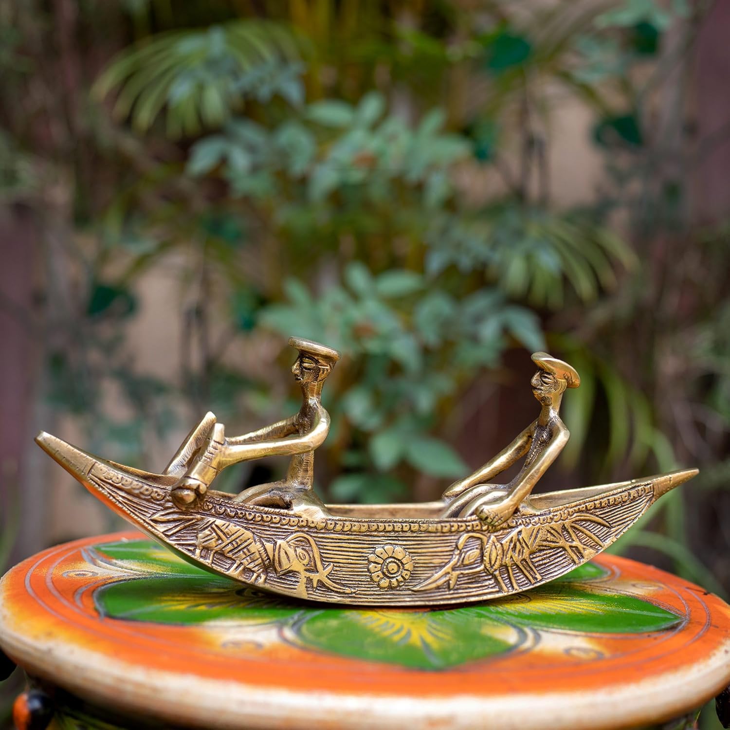 Antique Brass Dhokra Art | Two Men in Boat | Vintage Home Decor Showpiece