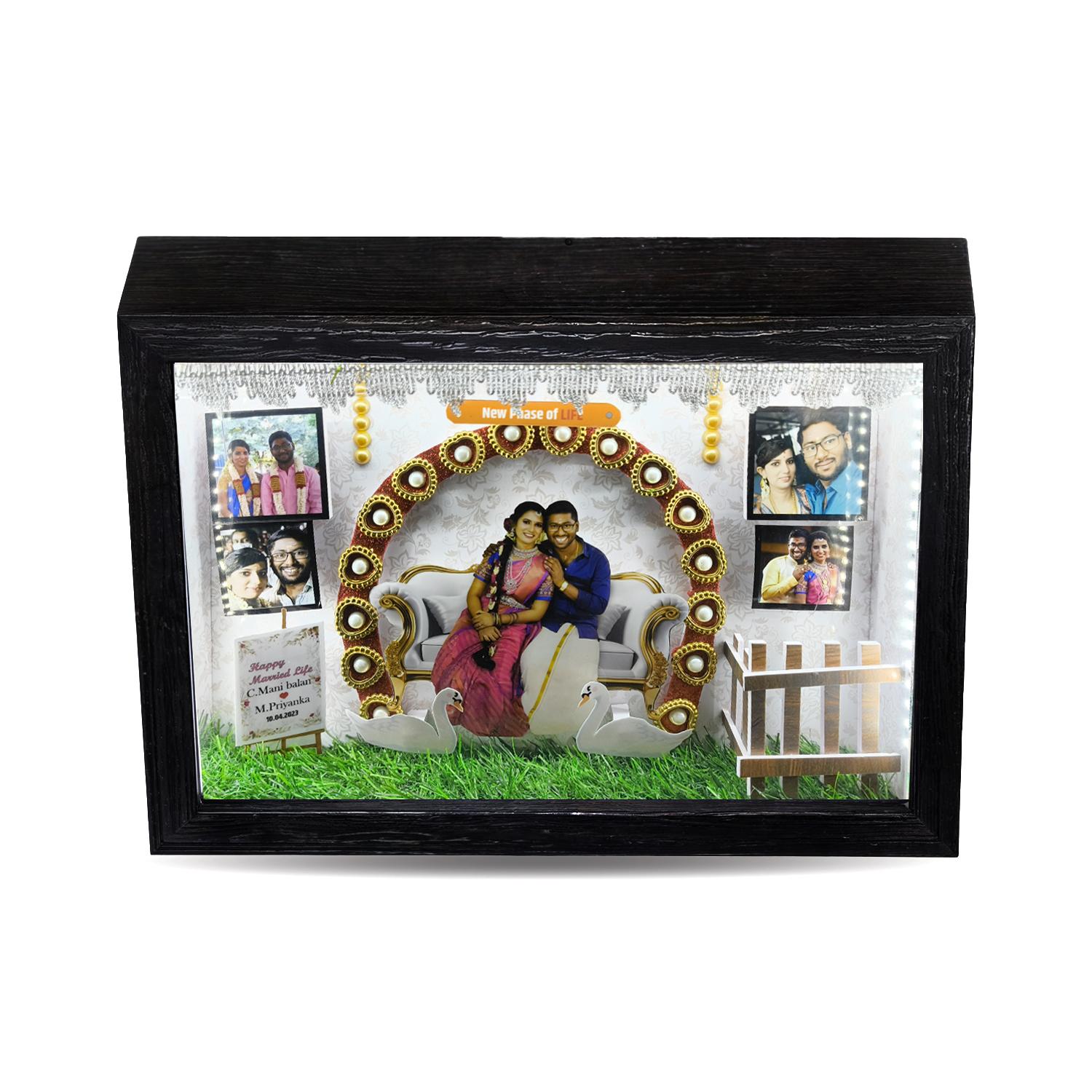 Customized 3D Miniature Wedding and Anniversary Photo Frame with LED Light – Personalized Couple and Family Gift in Handcrafted Synthetic Wooden Box (11x14 Inch)