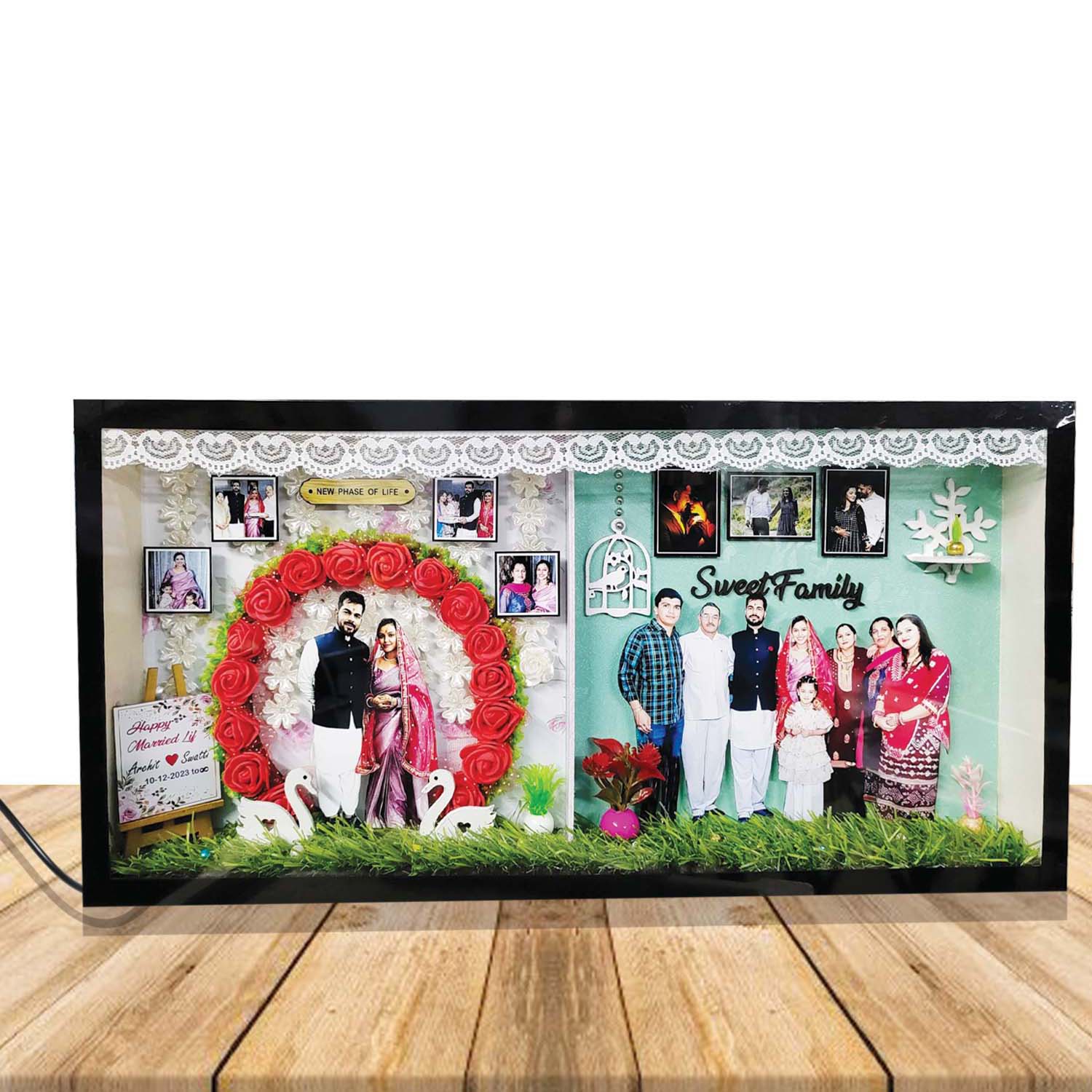 Customized 3D Miniature Wedding and Anniversary Photo Frame with LED Light – Personalized Couple and Family Gift in Handcrafted Synthetic Wooden Box (12x24 Inch