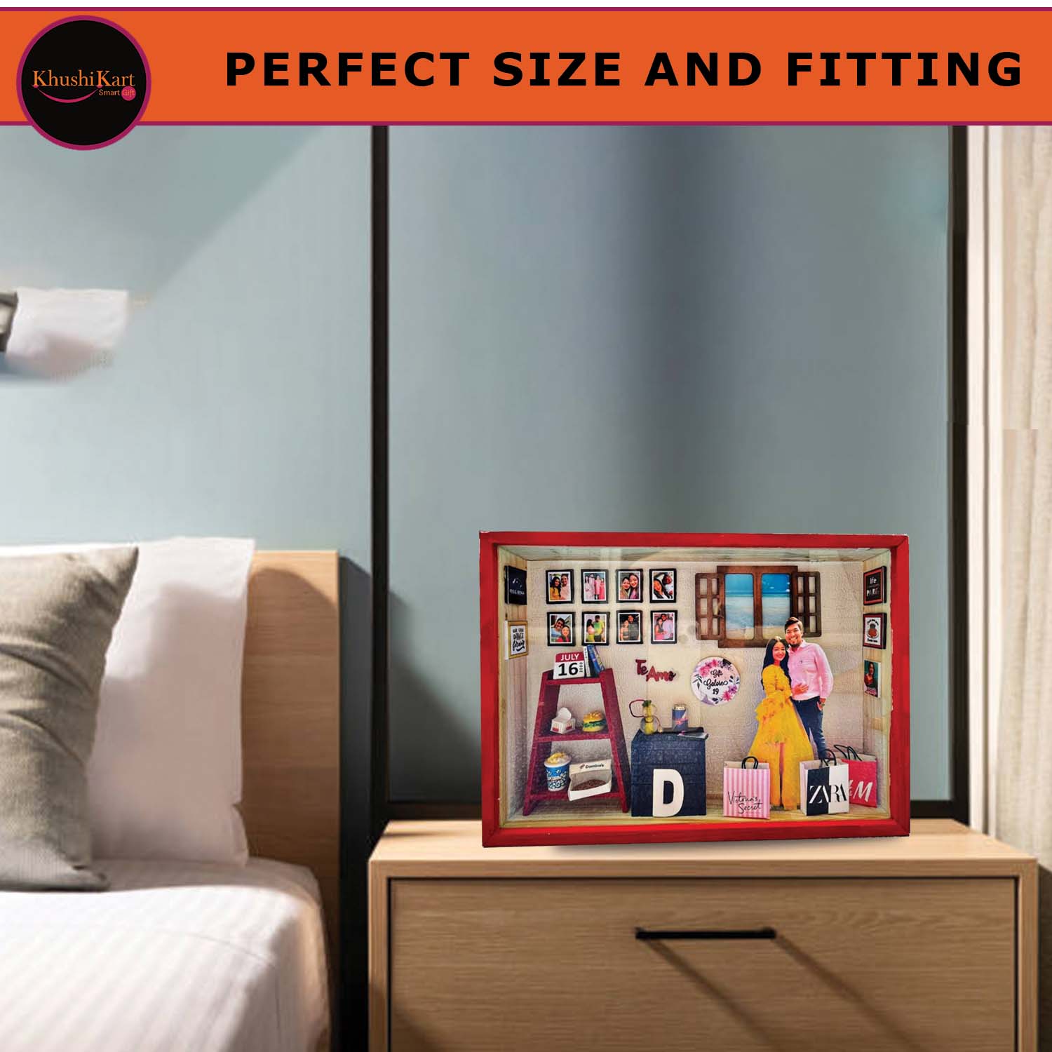 Customized 3D Miniature Wedding and Anniversary Photo Frame with LED Light – Personalized Couple and Family Gift in Handcrafted Synthetic Wooden Box (12x18Inch)