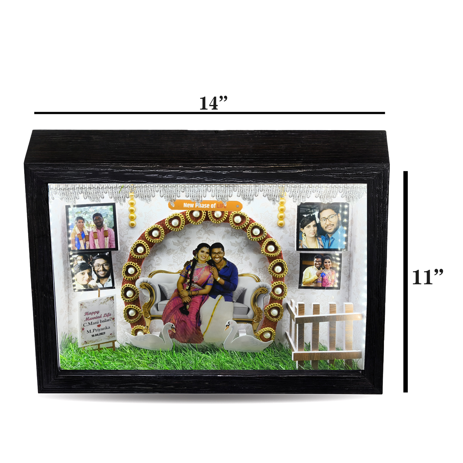 Customized 3D Miniature Wedding and Anniversary Photo Frame with LED Light – Personalized Couple and Family Gift in Handcrafted Synthetic Wooden Box (11x14 Inch)