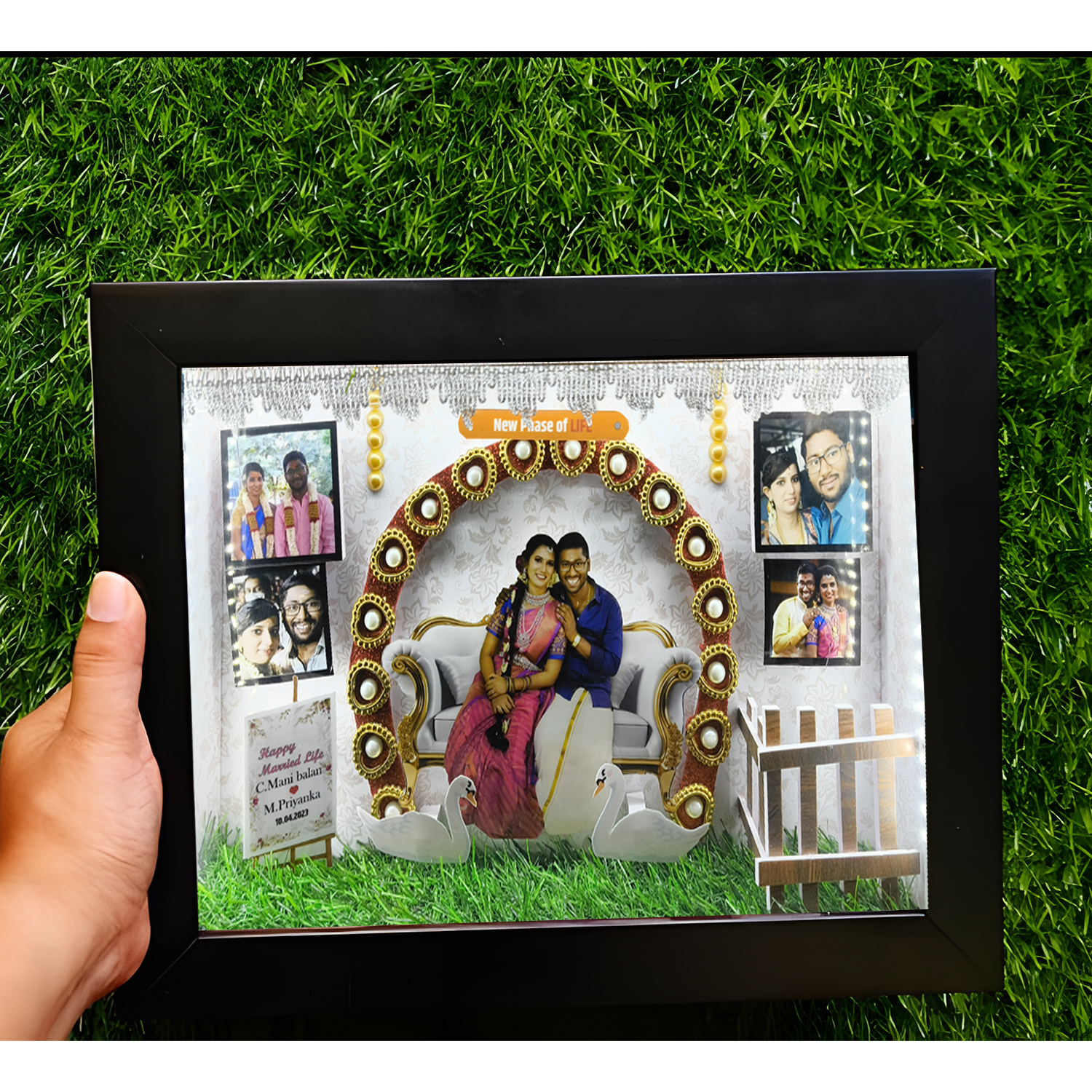 Customized 3D Miniature Wedding and Anniversary Photo Frame with LED Light – Personalized Couple and Family Gift in Handcrafted Synthetic Wooden Box (11x14 Inch)