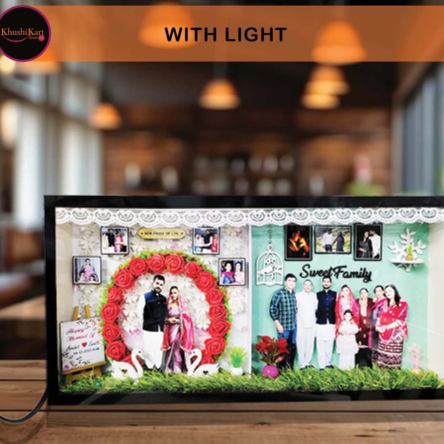 Customized 3D Miniature Wedding and Anniversary Photo Frame with LED Light – Personalized Couple and Family Gift in Handcrafted Synthetic Wooden Box (12x24 Inch