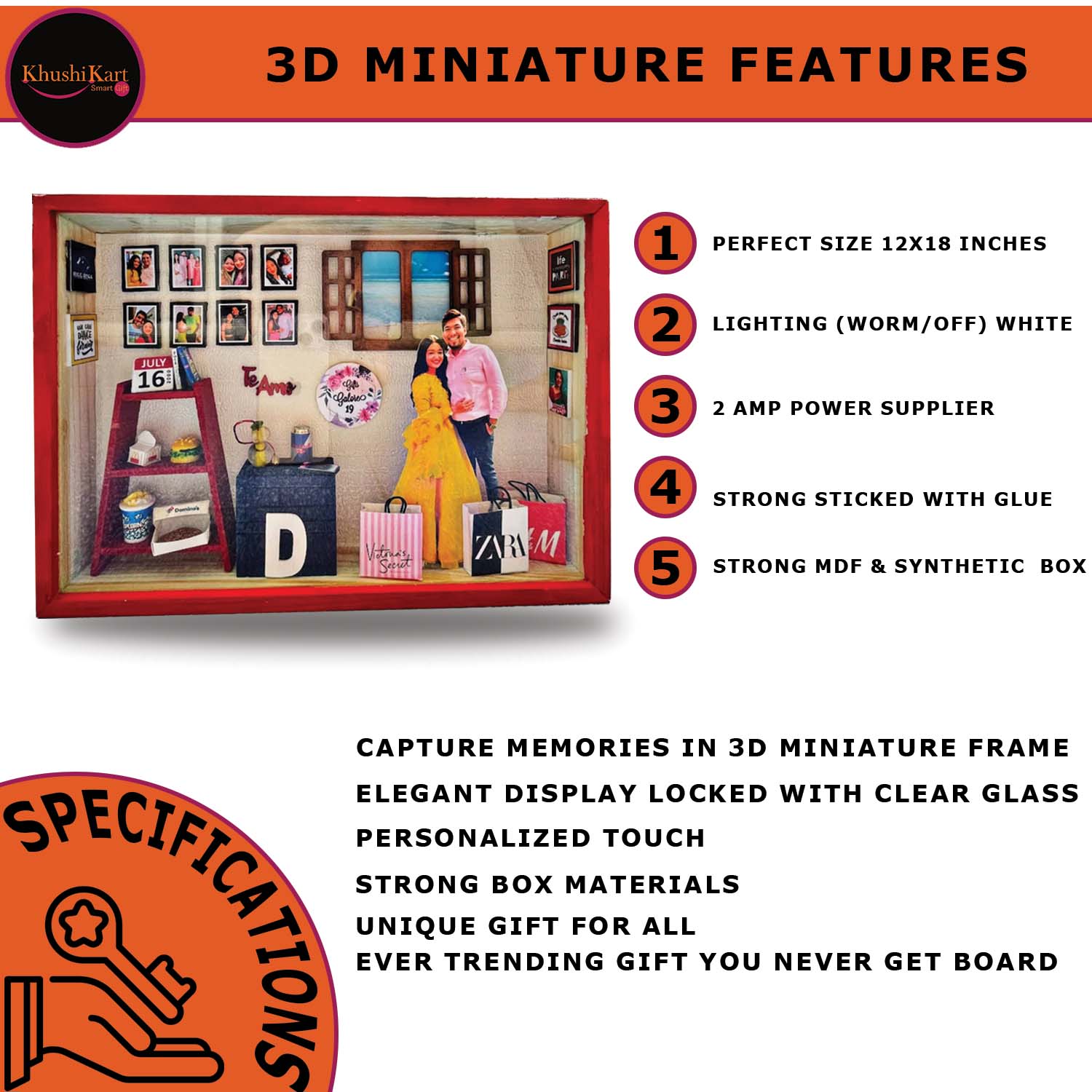 Customized 3D Miniature Wedding and Anniversary Photo Frame with LED Light – Personalized Couple and Family Gift in Handcrafted Synthetic Wooden Box (12x18Inch)