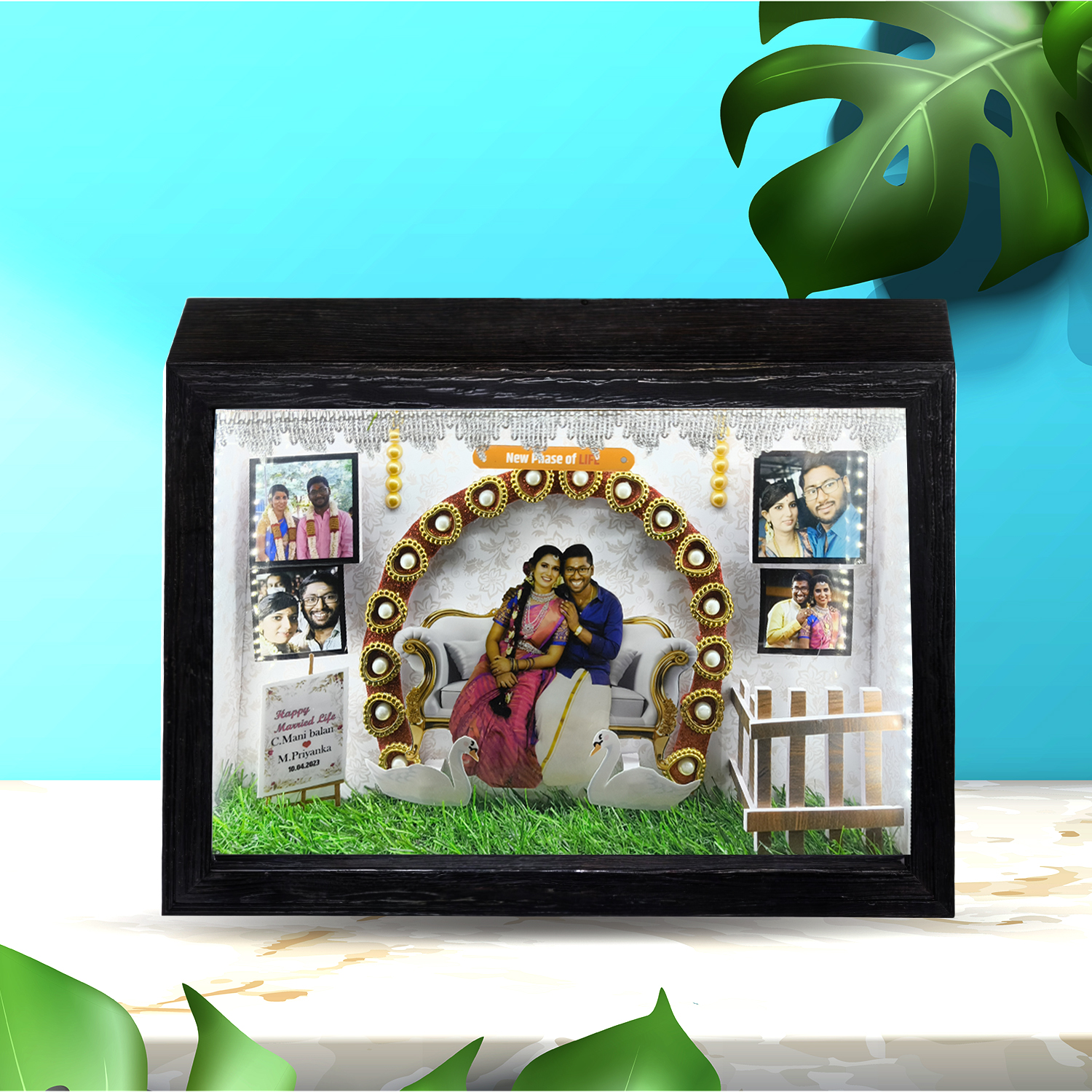 Customized 3D Miniature Wedding and Anniversary Photo Frame with LED Light – Personalized Couple and Family Gift in Handcrafted Synthetic Wooden Box (11x14 Inch)