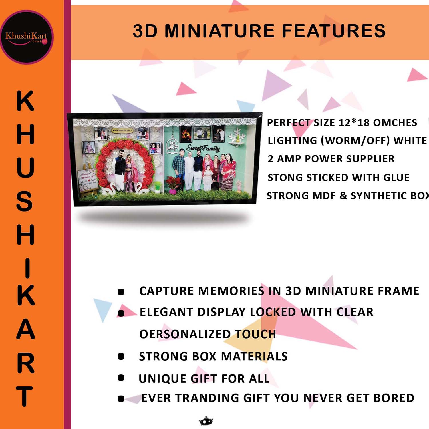 Customized 3D Miniature Wedding and Anniversary Photo Frame with LED Light – Personalized Couple and Family Gift in Handcrafted Synthetic Wooden Box (12x24 Inch